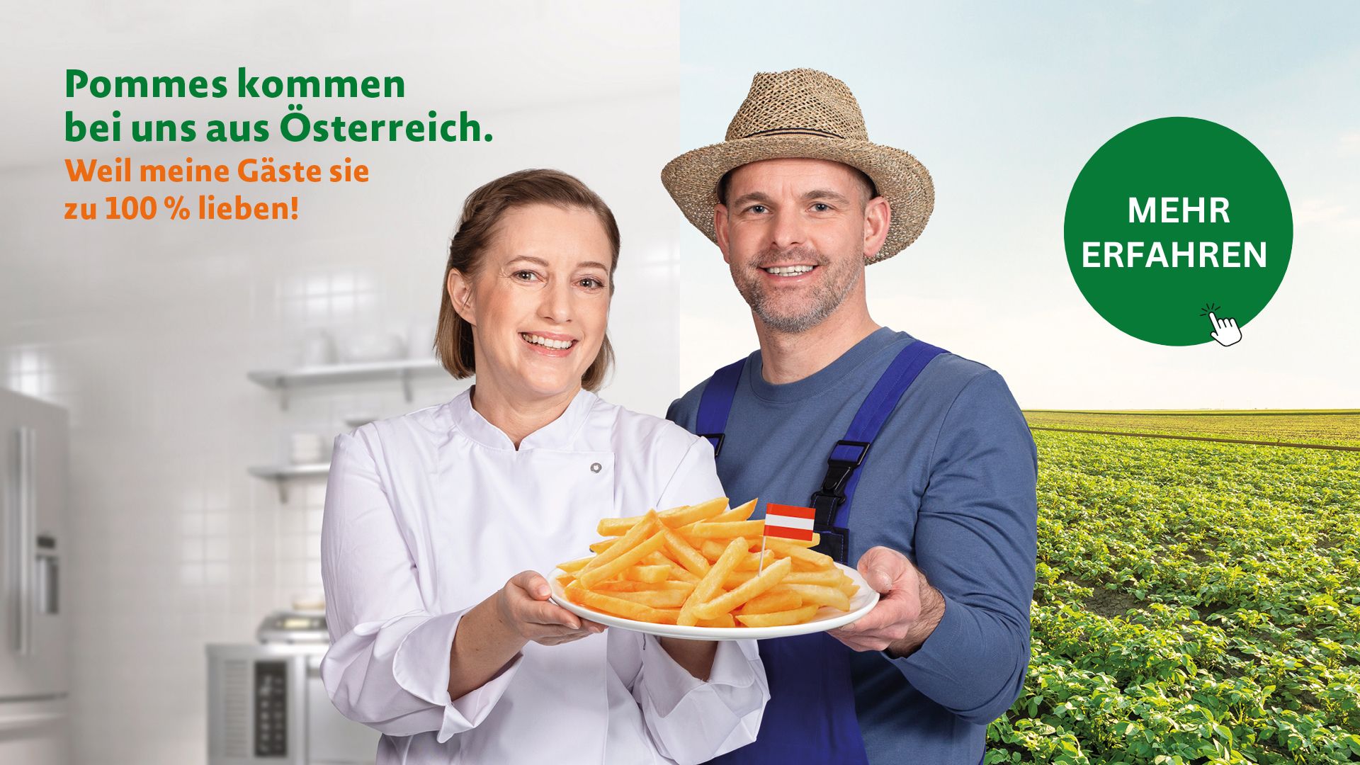 Ein Bauer und eine Köchin halten einen Teller Pommes Frites aus regionaler Herkunft